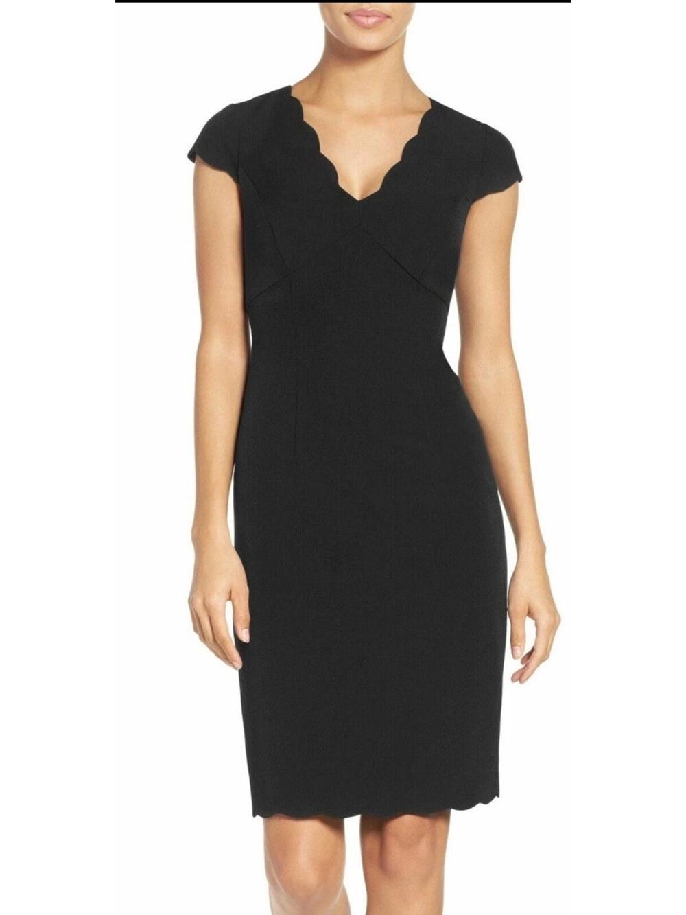ADRIANNA PAPELL Black Solid Scalloped Trim Cap Sleeve V Neck Sheath Dress Sz 8